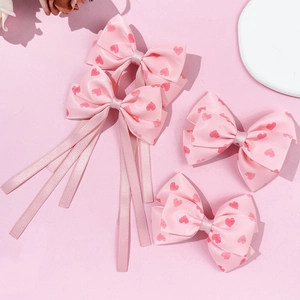Pink heart pattern ribbon bow hair clips set for girls, four-piece sweet hair accessories