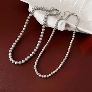 Elegant Round Imitation Artificial Pearl Necklace Minimalist Grey White Clavicle Chain Vintage Luxury Jewelry With Extension Chain