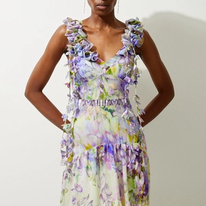 Floral one-piece swimsuit with 3D applique straps and lavender petal vine details