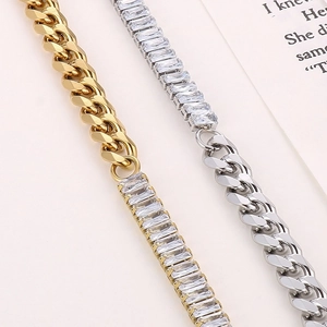 Cuban chain and rectangle zircon splice bracelets in gold and silver finish