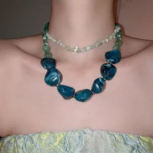 Double-layered acrylic stone necklace with green and blue marble texture beads for women