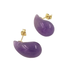 Amethyst teardrop stud earrings with gold pins shown on a white background