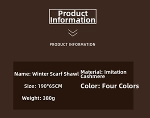 Detailed size chart for the winter scarf showing 190x65cm dimensions and 380g weight