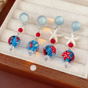 Ocean Starfish Drop Earrings With Lampwork Glass Beads And Silver Earring Post Summer Beach Vacation Style For Women