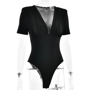 Front detail of black V-neck short sleeve bodysuit with stylish ruched chest design