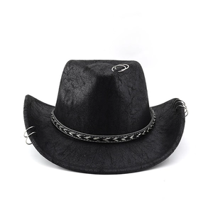 Chapeau de cowboy classique noir en daim avec anneaux métalliques et ruban tressé