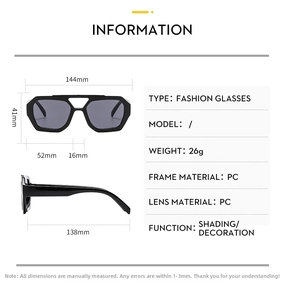 Detailed size chart for double-bridge pilot sunglasses showing dimensions and PC frame specs