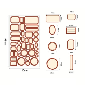Vintage scrapbooking stickers layout with various shapes and detailed size specifications