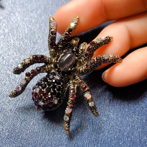 Vintage gold spider brooch featuring grey cat-eye stone and colorful rhinestones on hand