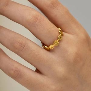 Vintage Stainless Steel 18K Gold Plated Ring Linked Oval Round Discs Hammered Texture Adjustable Open Jewelry For Women