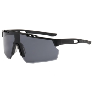 Sport cycling sunglasses with black frame and grey single-piece lens at a 45-degree angle