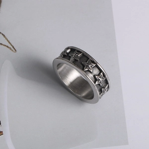 Retro stainless steel star ring with embossed vintage punk style for couples