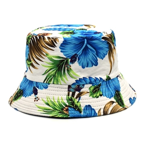 Women's reversible sun hat with tropical blue hibiscus and palm leaf print