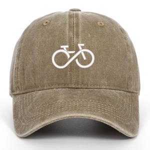 Washed cotton baseball cap with bicycle infinity logo embroidery in tan color