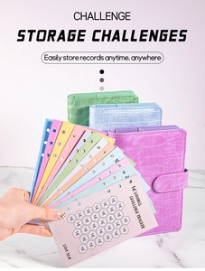 Detail showing colorful crocodile pattern leather binders with 1 Euro savings challenge trackers