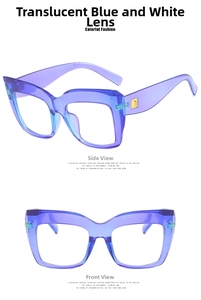 Detailed views of translucent purple square eyewear with gold stud accents and blue lenses