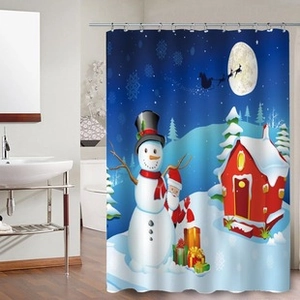 Detail of Christmas themed shower curtain featuring Santa Claus and snowman in bathroom