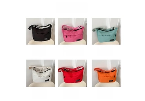 Collage of casual nylon tote bags showing six vibrant colors in a 2x3 grid layout