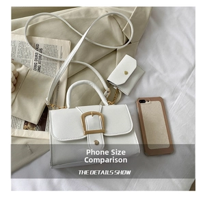 White textured leather crossbody bag with golden buckle and mini coin purse detail