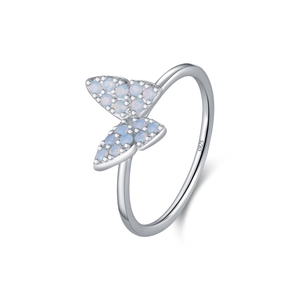 Elegant s925 silver butterfly ring with light blue crystal opal detail on white background