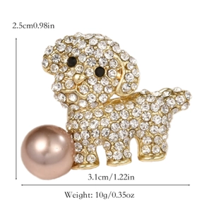 Sparkling crystal puppy brooch with champagne pearl and gold metal frame, 3.1cm x 2.5cm