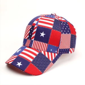 Detail of baseball cap featuring vintage American flag stars and stripes print