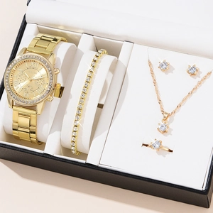 Close-up of five-piece gold watch set with crystal jewelry in a gift box