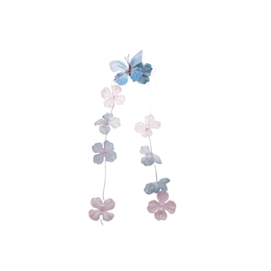 Elegant fabric butterfly hair clip with floral pearls and long tassels on white background