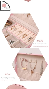 Detail view of cherry pink jewelry organizer with necklace hooks and ring sponge slots