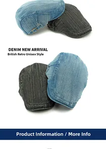 Detail of washed denim beret fabric with vintage texture and side metal buckle
