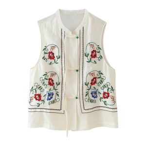 Gilet Femme Brodé Ethnique Motif Floral Boutons Grenouille Traditionnels Style Chinois Rétro Cardigan Sans Manches