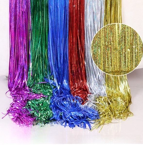 Close-up of 1M*2M laser foil fringe curtains in purple green blue red gold and silver