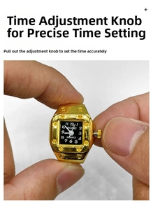 Detail showing the adjustable gold ring watch crown for setting time on square dial