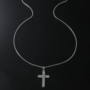 Silver stainless steel cross pendant necklace with luminous inlay on a box chain