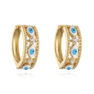 Bohemian gold evil eye hoop earrings with blue enamel and sparkling zircon accents