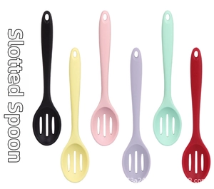 Detailed view of six colorful silicone slotted spoons with drain holes and hanging hooks