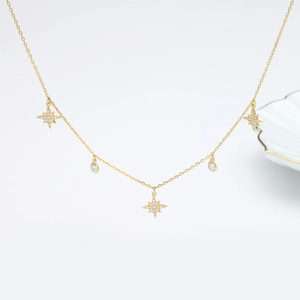 Detail of S925 silver gold star necklace with pearls and micro-pave cubic zirconia