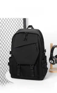Detail of multi-pocket durable black nylon backpack with buckle and mesh side pocket