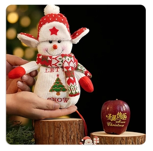Close-up of a plush Christmas snowman doll featuring Let It Snow embroidery and festive decor