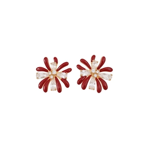 Exquisite 18k gold plated flower stud earrings with red enamel and pear cut zircons