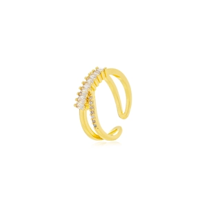 Elegant gold-plated criss-cross ring with baguette-cut zircons and open design