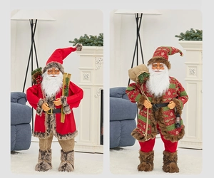 Detailed close-up of two handcrafted large Santa Claus figures with premium velvet and fur