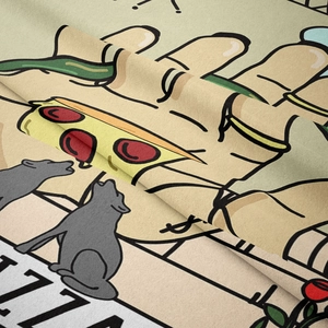 Detailed macro view showing the woven fabric texture and vintage pizza wolf print