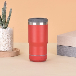 Macro shot of red beverage cooler with integrated Bluetooth speaker base and metal top ring
