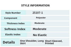 Tableau des tailles pour robe longue imprimée à une épaule avec détails du tissu