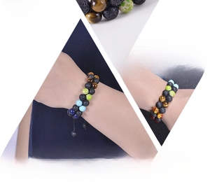 Detailed view of adjustable double-layer natural stone bracelet on a female wrist