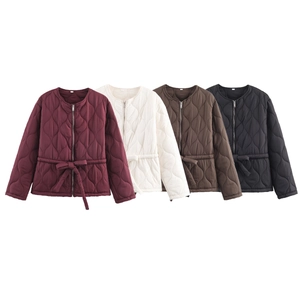 Flat lay of diamond quilted lightweight jackets in burgundy, cream, brown, and black colors