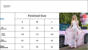 Tableau des tailles détaillé pour la robe longue en tulle à col V avec aperçu rose