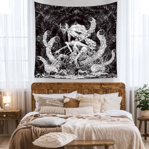 Bohemian skull tapestry with Cthulhu tentacles over a starry night background in a bedroom