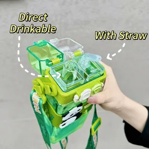 Green portable panda square water bottle with straw and direct drinking dual lid